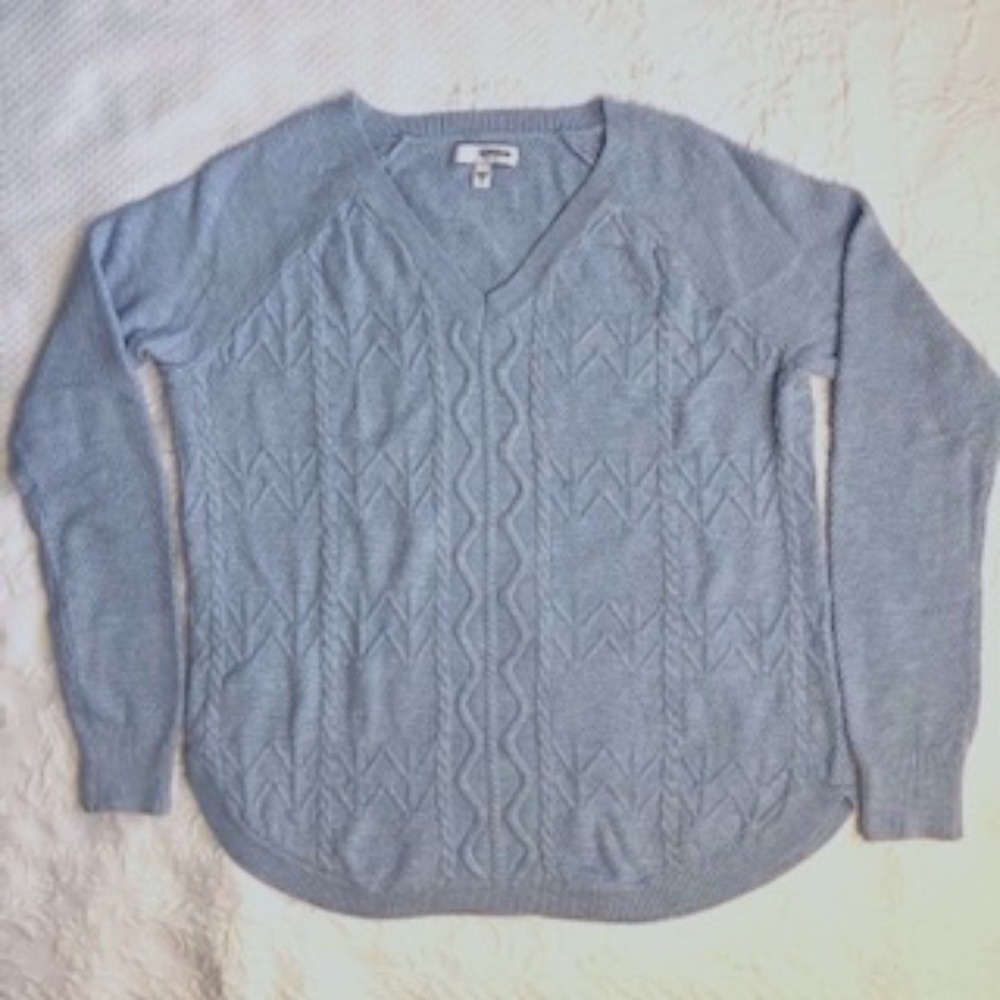 Sonoma Light Blue, V-neck, Long Sleeved, Scooped Hemline Cable Knit Sweater